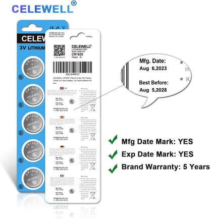 CR1620 5 Pack for Key Fob Tracker 70mAh 3V Lithium Battery 【5-Year Warranty】