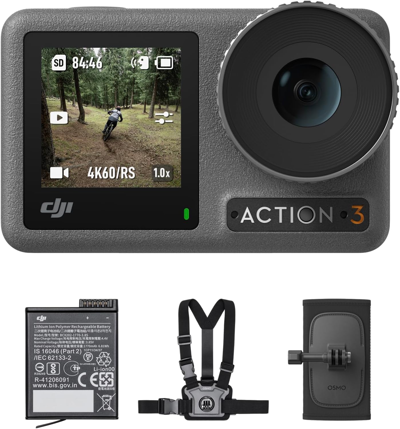DJI Osmo Action 3 Outdoor Combo, Action Camera 4K with Chest & Backpack Strap Mount for Travel, Sports, Stabilization, Cold Resistant, Waterproof Action Camera with 2 Batteries up to 320 Mins