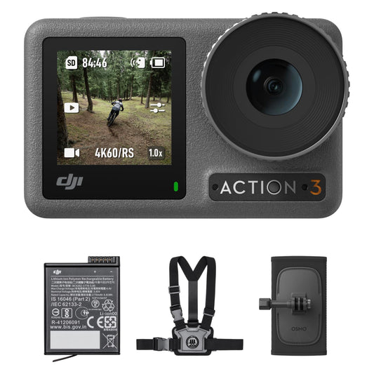 DJI Osmo Action 3 Outdoor Combo, Action Camera 4K with Chest & Backpack Strap Mount for Travel, Sports, Stabilization, Cold Resistant, Waterproof Action Camera with 2 Batteries up to 320 Mins
