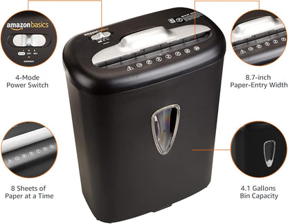 Amazon Basics 8 Sheet Cross Cut Paper and Credit Card Shredder with 4.1 Gallon Bin, Black
