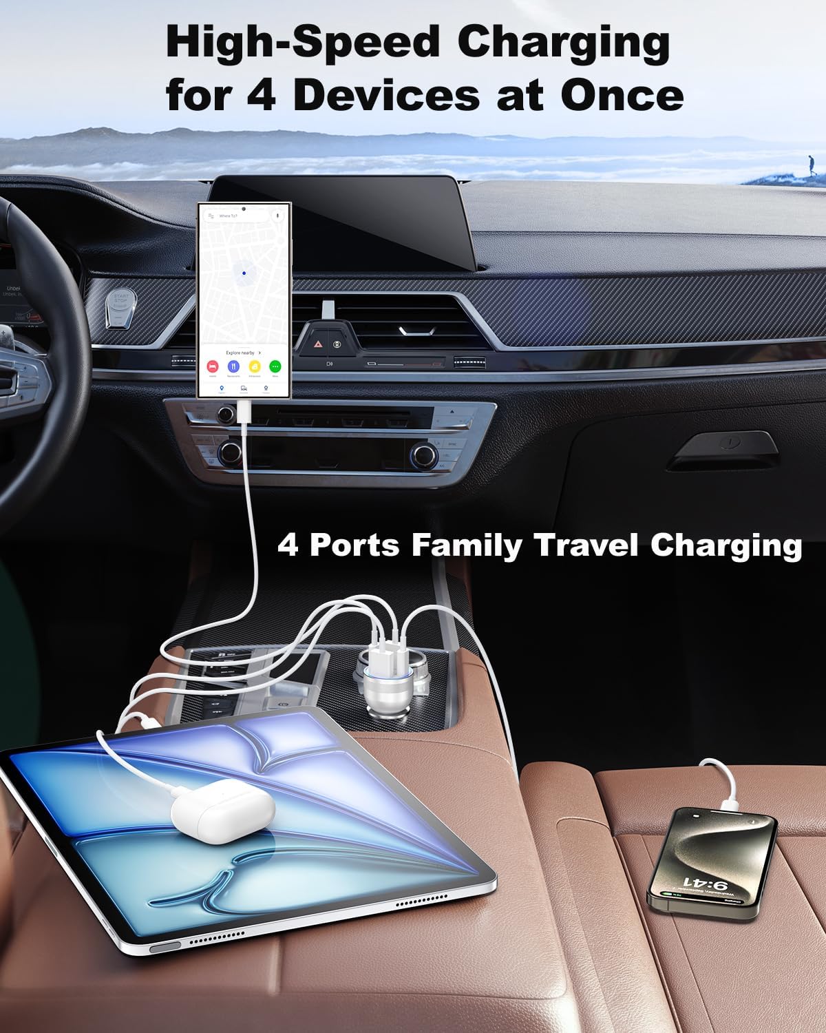 iPhone 16/15 Pro Max Plus Car Charger, Agtray 2Pack 4-Port 65W USB C Car Charger Fast Charging Cigarette Lighter 12v Car Adapter&6FT USB C Braided Cable for iPhone 16 15 Pro Max Plus,iPad Pro/Air/Mini