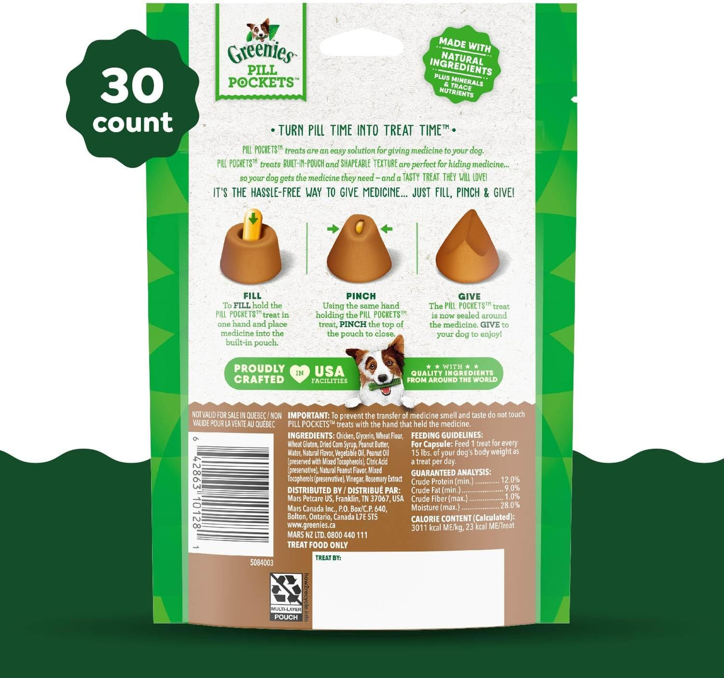 Greenies Pill Pockets for Dogs Capsule Size Natural Soft Dog Treats with Real Peanut Butter, 7.9 oz. Pack (30 Treats)