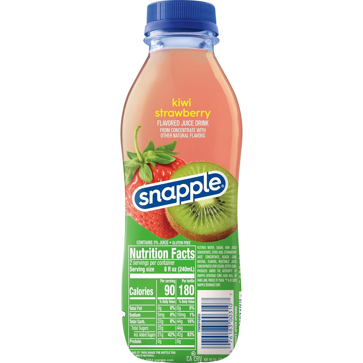 Snapple Kiwi Strawberry Juice Drink, 16 Fl Oz Recycled Plastic Bottle, Pack Of 12, All Natural, No Artificial Flavors Or Sweeteners, Contains 3% Real Juice