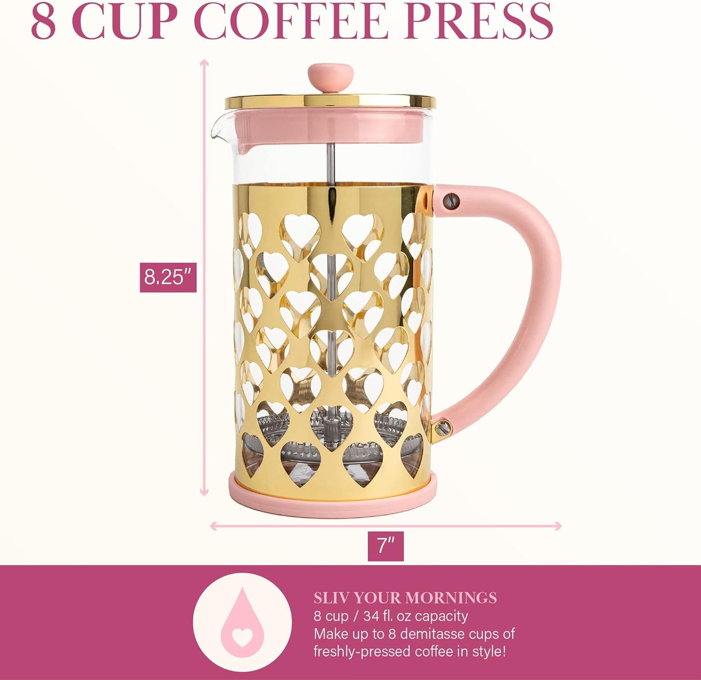 Paris Hilton French Press Coffee Maker With Heart Shaped Measuring Scoop, 2-Piece Set, 8-Cup or 34-Ounce, Pink