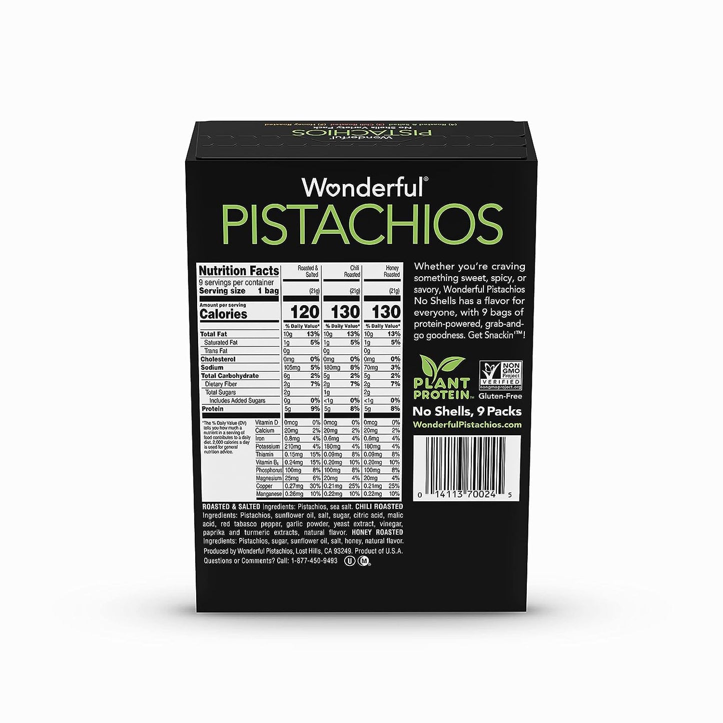 Wonderful Pistachios No Shells, 3 Flavors Mixed Variety Pack of 9 (0.75 Ounce), Roasted & Salted Nuts (4), Chili Roasted (3), Honey Roasted (2), Protein Snacks, Stocking Stuffers , Individually Wrapped Healthy Snacks