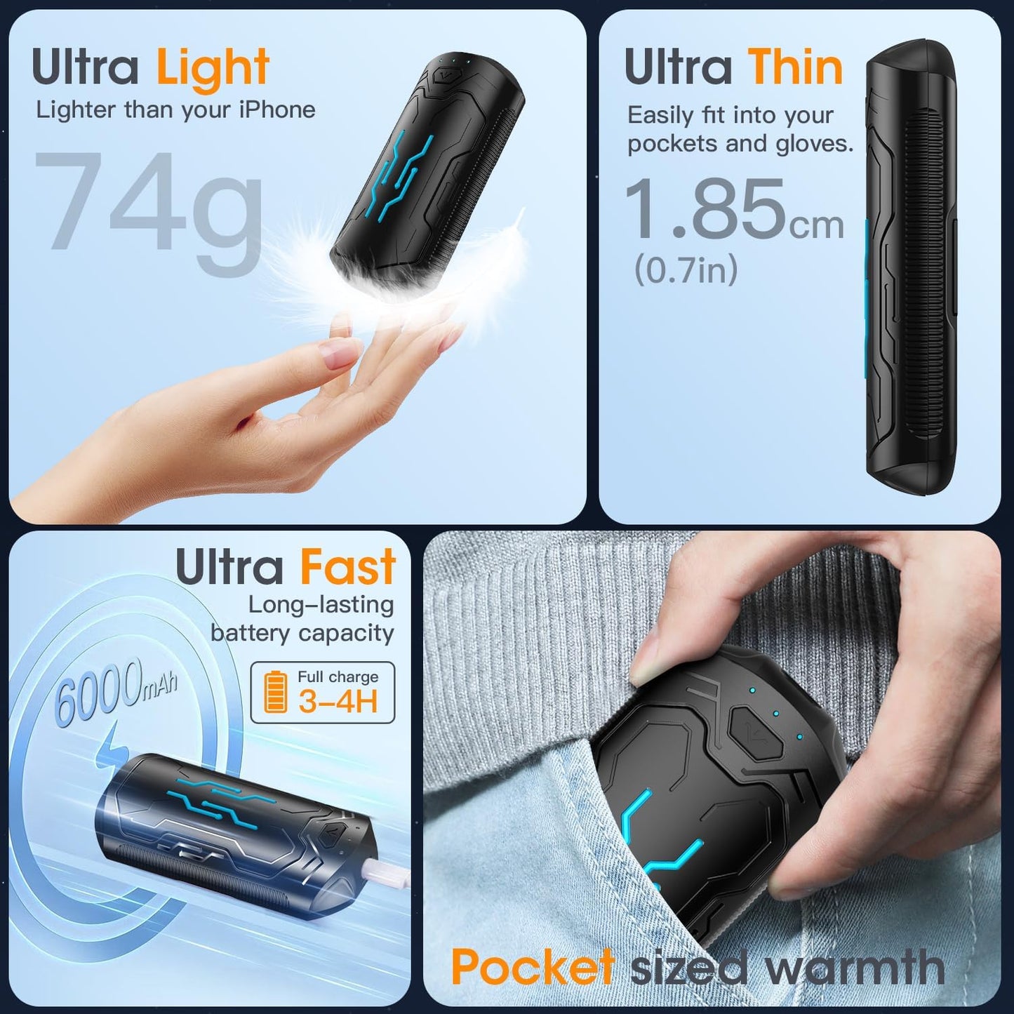 Hand Warmers Rechargeable 2 Pack 20Hrs Long Heating Pocket Size Electric Handwarmers, Portable USB Hand Warmer Heater Therapy Great Gift for Christmas Outdoors, Hunting, Golf, Camping Men Women