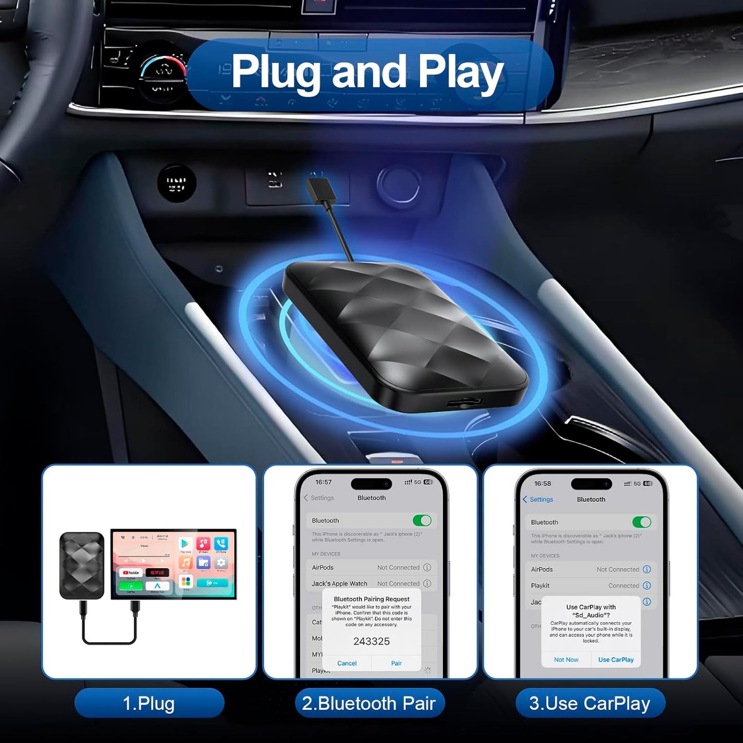 KE'VERSO Wireless CarPlay Adapter & Android Auto Wireless Adapter for iPhone,Magic carplay Ai Box Streaming Device for Cars with OEM Wired CarPlay, Magic Link CarPlay Support Netflix, YouTube, Hulu+