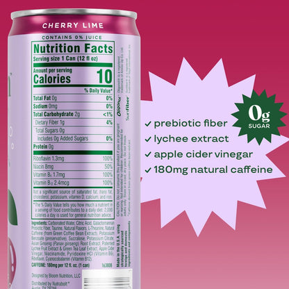Bloom Sparkling Energy Drink - Natural Caffeine, Zero Sugar, 180mg Caffeine - Antioxidant-Rich w/Green Coffee Bean, Green Tea Extract, Prebiotics - Wellness Beverage for Focus & Metabolism 12oz 12 pk