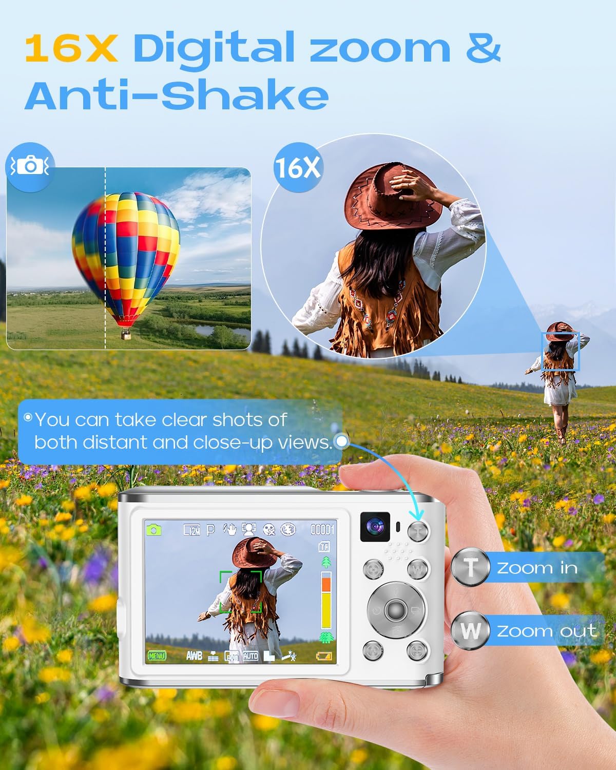 Digital Camera, UHD 4K Digital Camera with Front and Rear Camera, Autofocus 48MP 16X Digital Zoom Vlogging Camera with 32GB Card, 2.8 Inch Screen Compact Photo Shoot Camera for Beginners(White)
