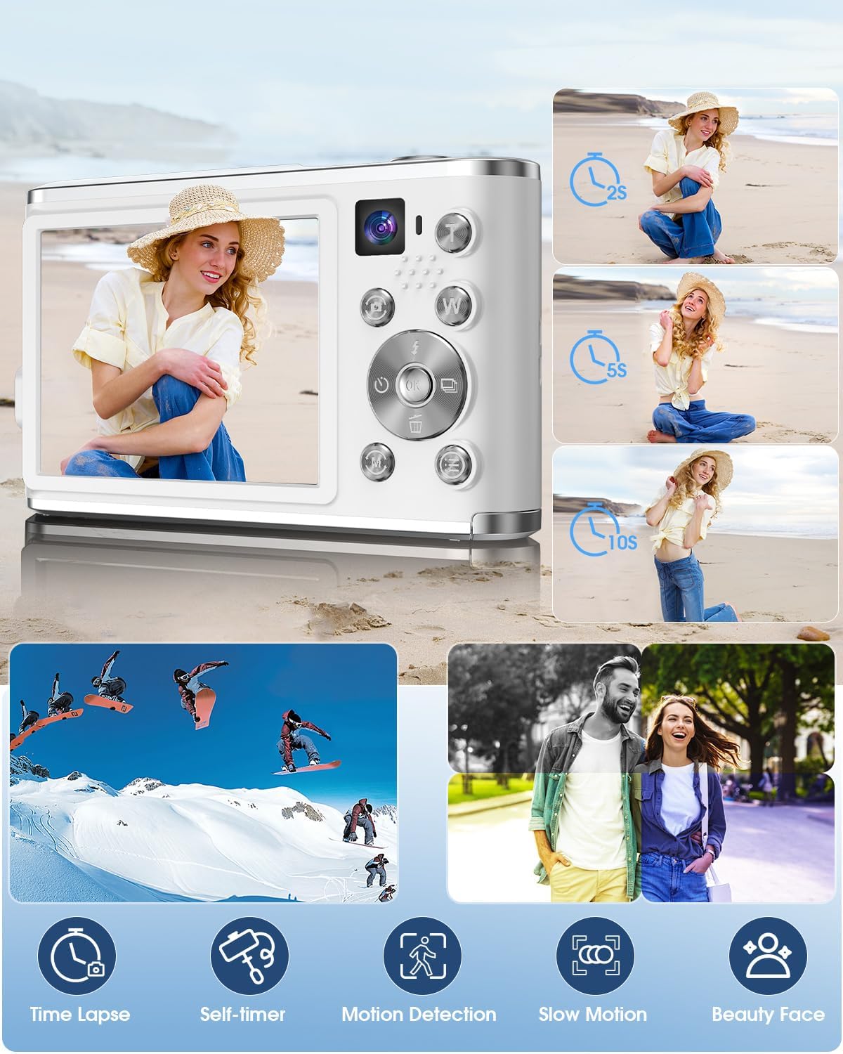 Digital Camera, UHD 4K Digital Camera with Front and Rear Camera, Autofocus 48MP 16X Digital Zoom Vlogging Camera with 32GB Card, 2.8 Inch Screen Compact Photo Shoot Camera for Beginners(White)
