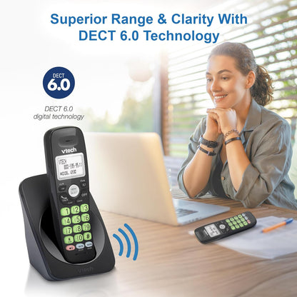 [New] VTech VG131-11 DECT 6.0 Cordless Phone - Bluetooth Connection, Blue-White Display, Big Buttons, Full Duplex, Caller ID, Easy Wall Mount, 1000ft Range (Black)