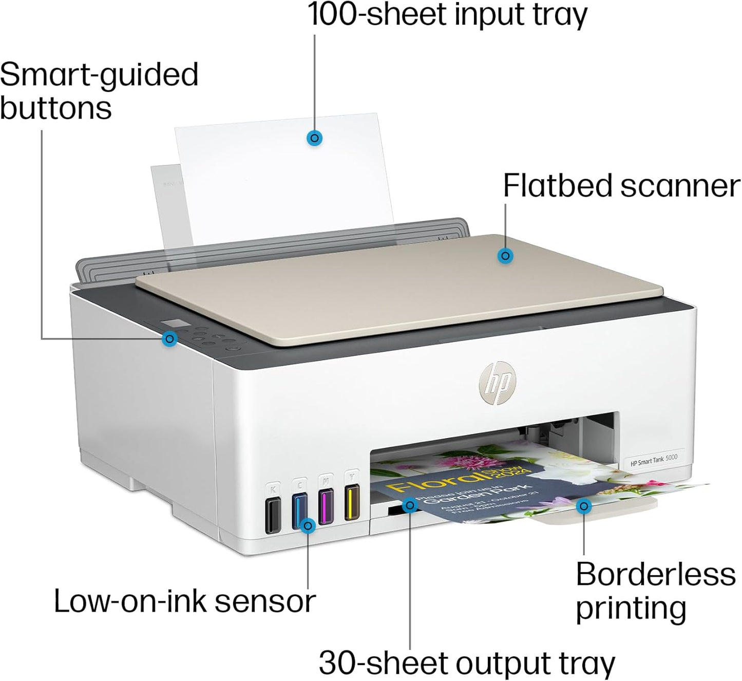HP Smart-Tank 5000 Wireless All-in-One Ink-Tank Printer with up to 2 years of ink included, mobile print, scan, copy, white, 17.11 x 14.23 x 6.19