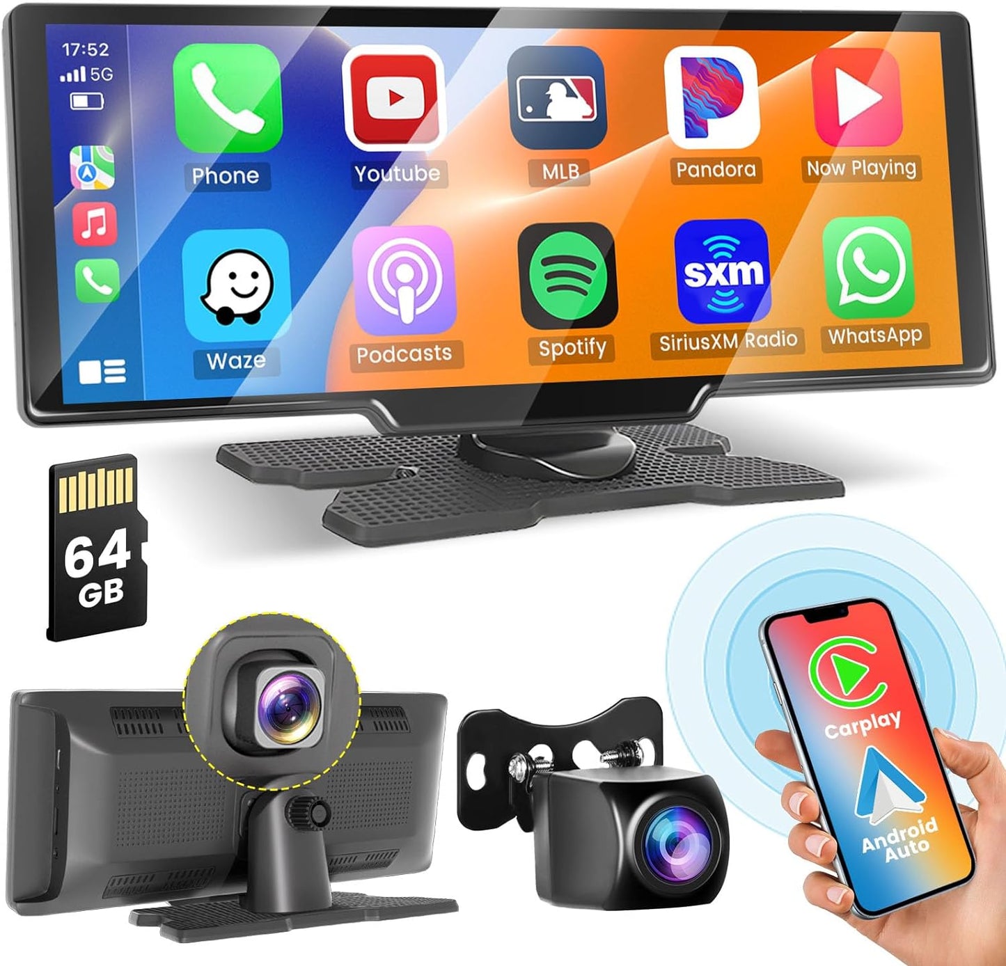Hikity Wireless Carplay Touchscreen with 2.5K Dash Cam, 9.3 Inch Portable Android Auto CarPlay Unit Car Radio with 1080P Backup Camera 64G TF WiFi Video Airplay Voice Control
