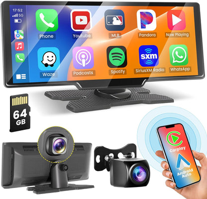 Hikity Wireless Carplay Touchscreen with 2.5K Dash Cam, 9.3 Inch Portable Android Auto CarPlay Unit Car Radio with 1080P Backup Camera 64G TF WiFi Video Airplay Voice Control