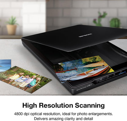 Epson - Perfection V39 II - Color Photo and Document Flatbed Scanner - 4800 dpi Optical Resolution - High-Rise, Removable Lid - Scan to Cloud - USB Power - Image Scanning - Black