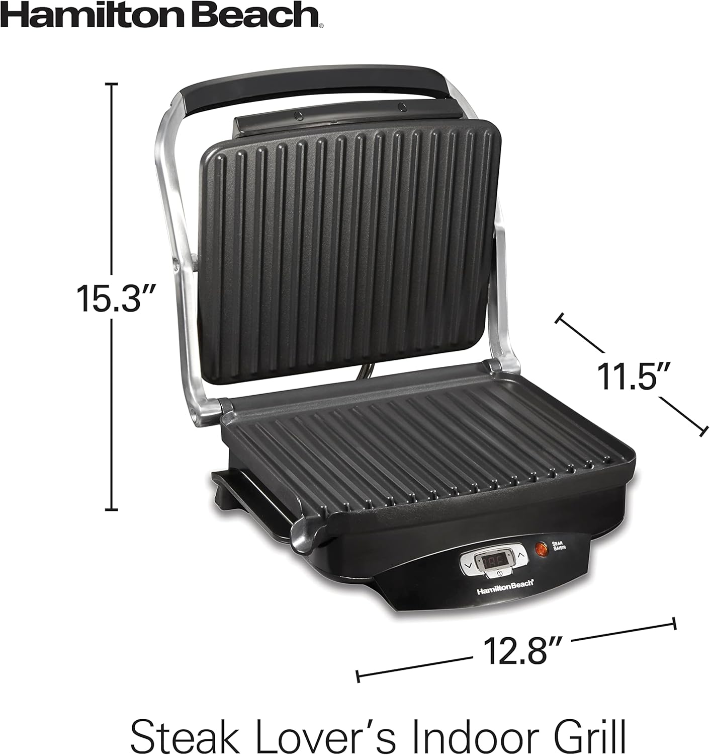 Hamilton Beach Steak Lover's Electric Indoor Searing Grill, Nonstick 100 Square, Stainless Steel (25331), Black and Stainless, Medium