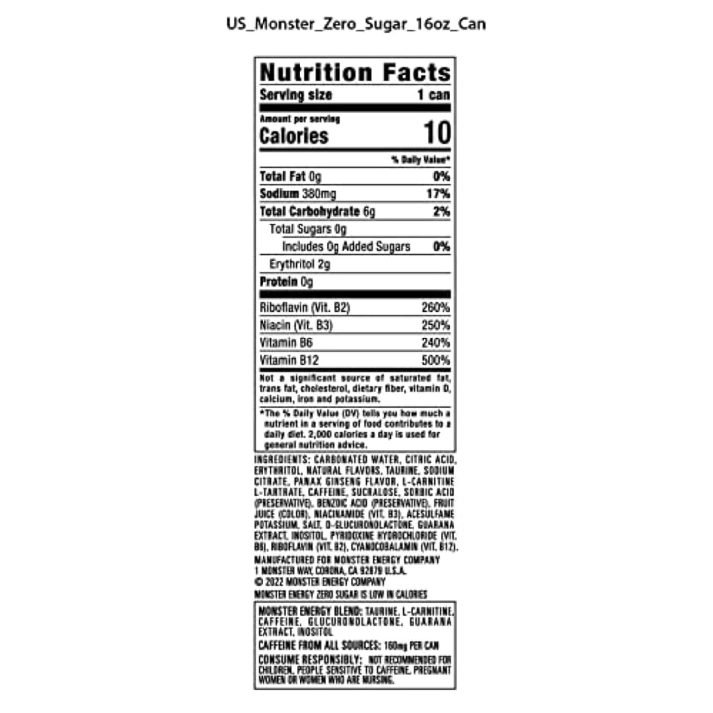 Monster Energy Zero Sugar, Green, Original, Low Calorie Energy Drink, 16 Fl Oz (Pack of 15)