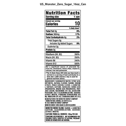 Monster Energy Zero Sugar, Green, Original, Low Calorie Energy Drink, 16 Fl Oz (Pack of 15)