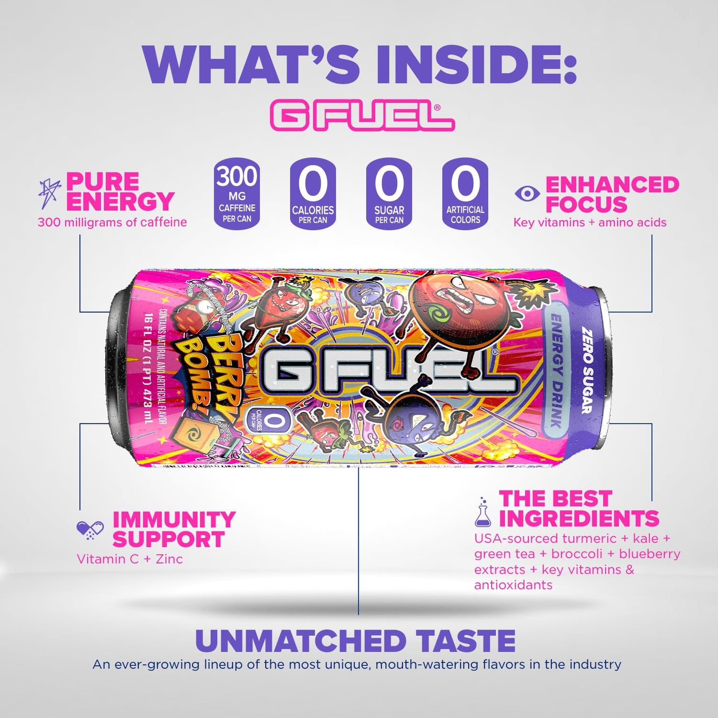 G Fuel Berry Bomb Energy Drink, Sugar Free, Healthy Drinks, Zero Calorie, 300 mg Caffeine per Carbonated Can, Focus Amino, Vitamin + Antioxidants Blend - 12 Pack