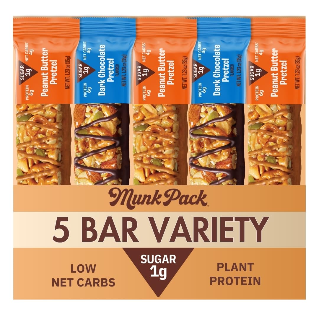 Munk Pack Nut & Seed Bar Pretzel Variety Pack - 1g Sugar, Low Carb & Keto, 6g Protein - Gluten Free, Plant Based, Zero Added Sugar - Sweet & Salty Breakfast & Snack Bars, 2 Flavors | 6 Bars