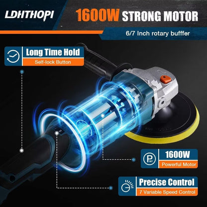 Buffer Polisher, 1600W 7 Inch/6 Inch Rotary Buffer Polisher Waxer, 7 Variable Speed 1000-3500 RPM, Detachable Handle for Car, Boat Sanding, Polishing, Waxing