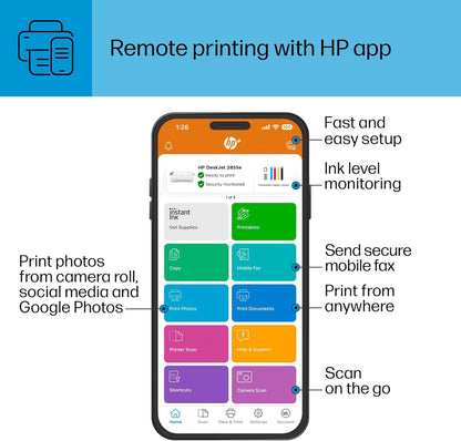HP DeskJet 2855e Wireless All-in-One Color Inkjet Printer, Scanner, Copier, Best-for-home, 3 months of ink included (588S5A)