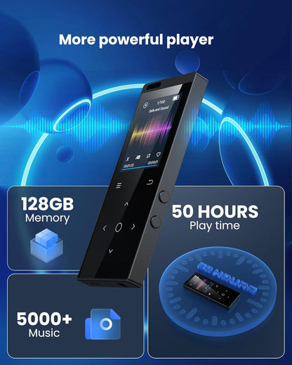 128GB MP3 Player with Bluetooth: Portable Music Player for Kids HiFi Sound Shuffle Single Loop FM Radio Built-in HD Speaker Voice Recorder Mini Design Ideal for Sport (Earphones Included)