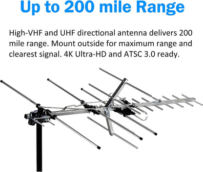 Five Star TV Antenna Indoor/Outdoor Yagi Satellite HD Antenna with up to 200 Mile Range - Attic or Roof Mount TV Antenna, Long Range Digital OTA Antenna for 4K 1080P with Mounting Pole