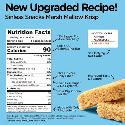 New Improved Recipe - Sinless Snacks Marsh Mallow Krisp - Perfect Keto Snacks - Delicious Gluten Free Low Carb Snacks - Marshmallow Keto Cereal Bars – Soft & Chewy Low Sugar Snack – Less Than 1g Sugar - 10g Protein - 2g Net-Carbs –8 Count