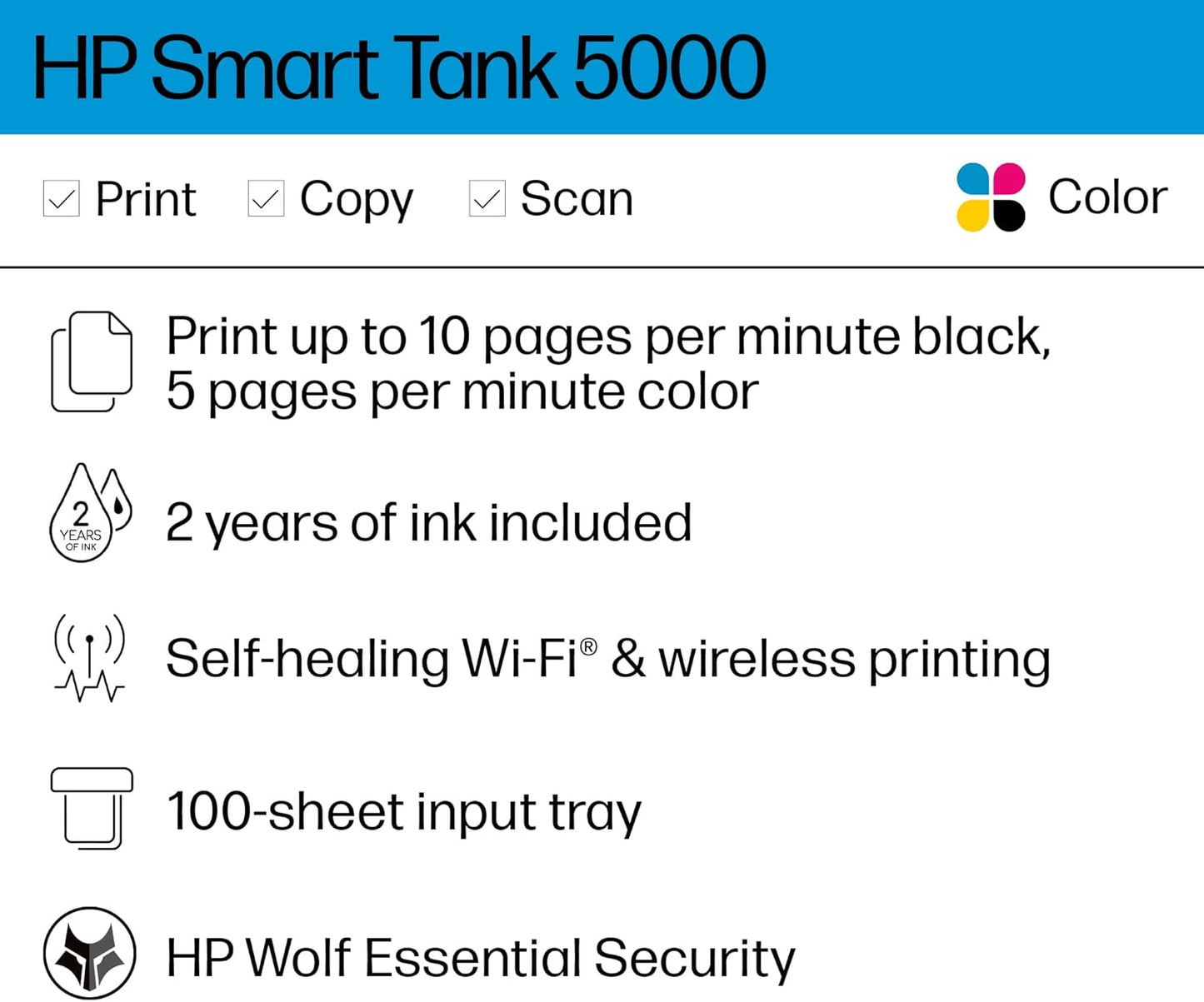 HP Smart-Tank 5000 Wireless All-in-One Ink-Tank Printer with up to 2 years of ink included, mobile print, scan, copy, white, 17.11 x 14.23 x 6.19
