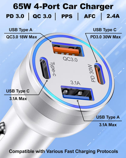 iPhone 16/15 Pro Max Plus Car Charger, Agtray 2Pack 4-Port 65W USB C Car Charger Fast Charging Cigarette Lighter 12v Car Adapter&6FT USB C Braided Cable for iPhone 16 15 Pro Max Plus,iPad Pro/Air/Mini