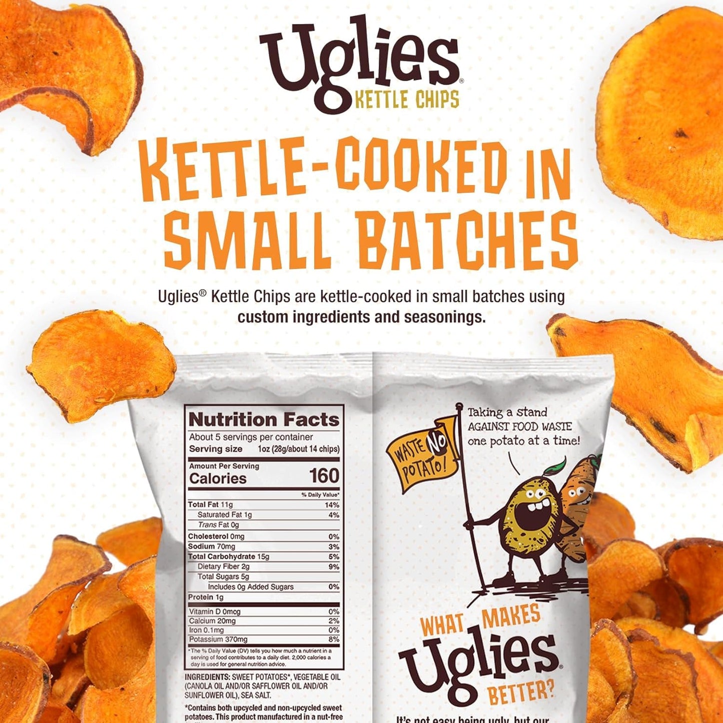 UGLIES Sweet Potato Kettle-Cooked Potato Chips, Gluten-Free Snacks, Kosher-Friendly Chips, Non-GMO Snacks for Kids or Office, Lunch Snacks, Sweet Potato Chips, 1.5 Oz. Bags, Pack of 24