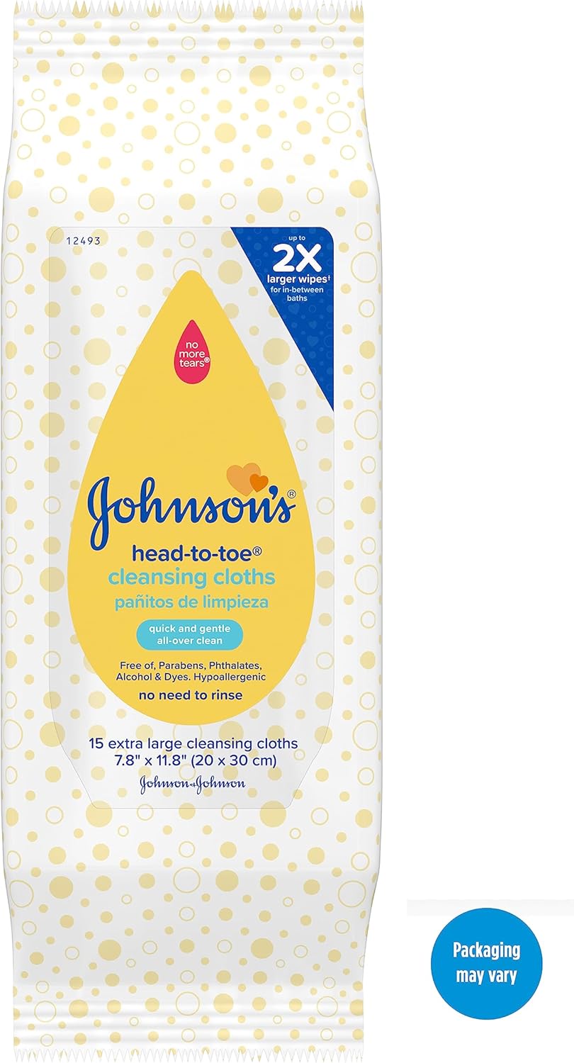 Johnson's Head-to-Toe Gentle Baby Cleansing Cloths, Hypoallergenic and Pre-Moistened Baby Bath Wipes, Free of Parabens, Phthalates, Alcohol, Dyes and Soap, 15 ct