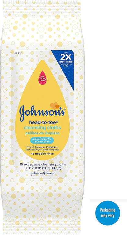 Johnson's Head-to-Toe Gentle Baby Cleansing Cloths, Hypoallergenic and Pre-Moistened Baby Bath Wipes, Free of Parabens, Phthalates, Alcohol, Dyes and Soap, 15 ct
