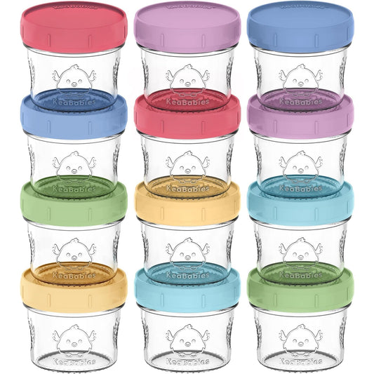 KeaBabies 12pk 4oz Glass Baby Food Containers - Leak-Proof, Microwavable Small Baby Glass Jars with Lids, Baby Food Storage Containers, Baby Snack Containers, BPA-Free Baby Food Jars (Nord)