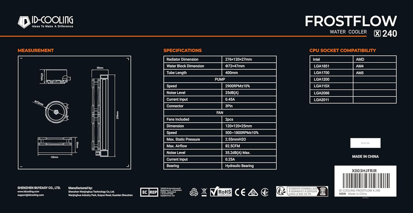 ID-COOLING FROSTFLOW X 240 CPU Water Cooler AIO Cooler 240mm CPU Liquid Cooler White LED 2x120mm PWM Fans, Intel 1700/1200/115X, AMD AM5/AM4