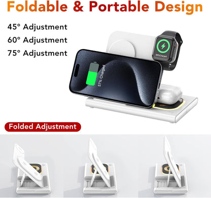 3 in 1 Foldable Charging Station for Apple Products,Fast Wireless Charger Travel Dock Adapter&Light for iPhone 16/15/14/13/12/11/X/XS,for iWatch 10/9/8/7/Ultra2/Ultra/SE,for AirPods 4/3/2/Pro/2(White)