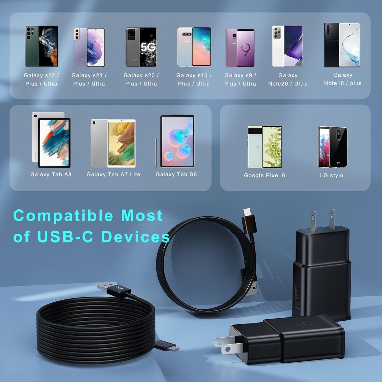 Android Phone Charger Type C with 10 FT C Cable Fast Charging for Samsung Galaxy S10/S10e/S10+/S9+/S8+/S23/S22/S21 Ultra/S20/Note 20/Note 10/Note 9/Z Flip 3/A03s/A02s, 2Pack