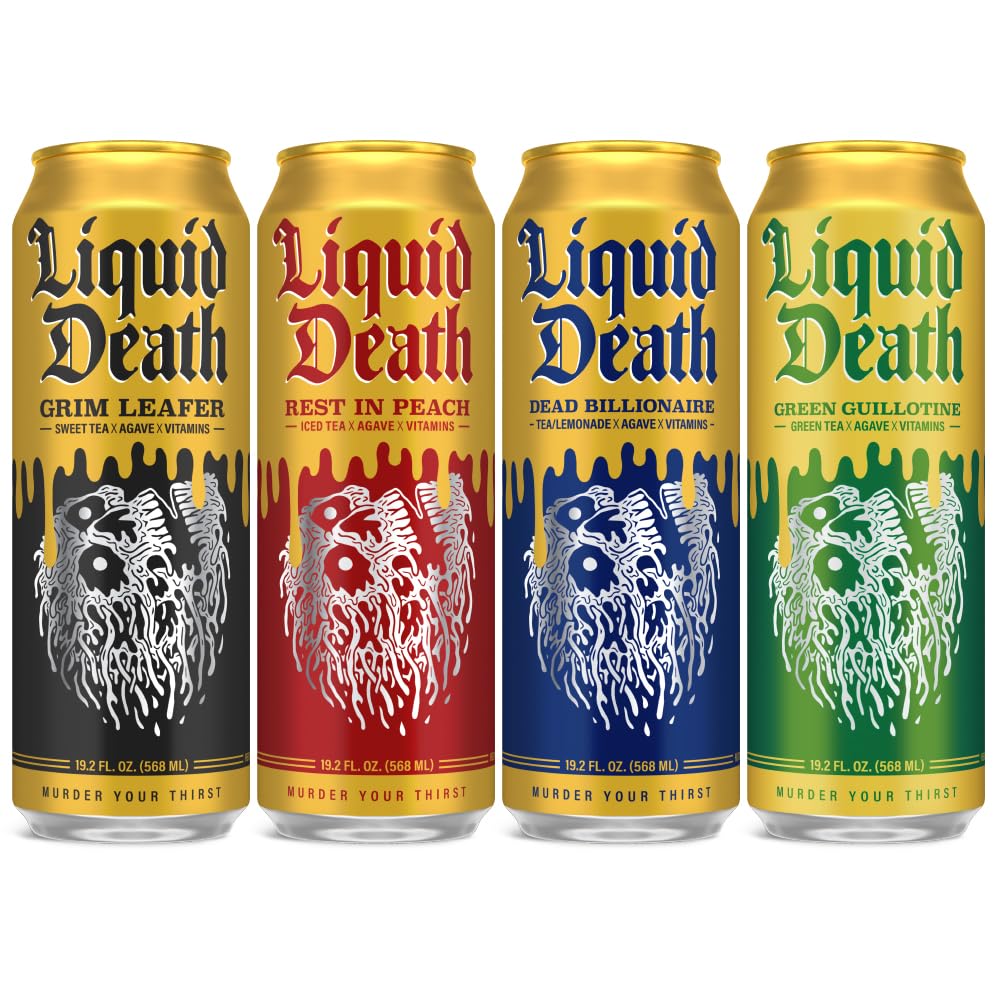 Liquid Death, Iced Tea Variety Pack (Grim Leafer, Rest in Peach, Dead Billionaire, and Green Guillotine), 12-Pack (King Size 19.2oz Cans), Tea Sweetened With Real Agave, B12 & B6 Vitamins, Low Calorie & Low Sugar