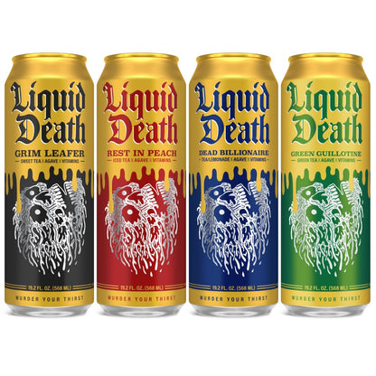 Liquid Death, Iced Tea Variety Pack (Grim Leafer, Rest in Peach, Dead Billionaire, and Green Guillotine), 12-Pack (King Size 19.2oz Cans), Tea Sweetened With Real Agave, B12 & B6 Vitamins, Low Calorie & Low Sugar