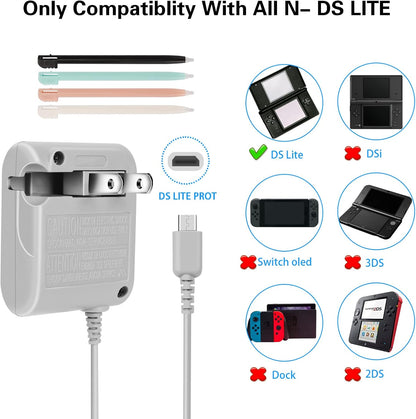 DS Lite Charger Kit Compatible with Nintendo DS Lite 100-240V Wall Plug Adapter with 4 Stylus Pen for Nintendo DS Lite
