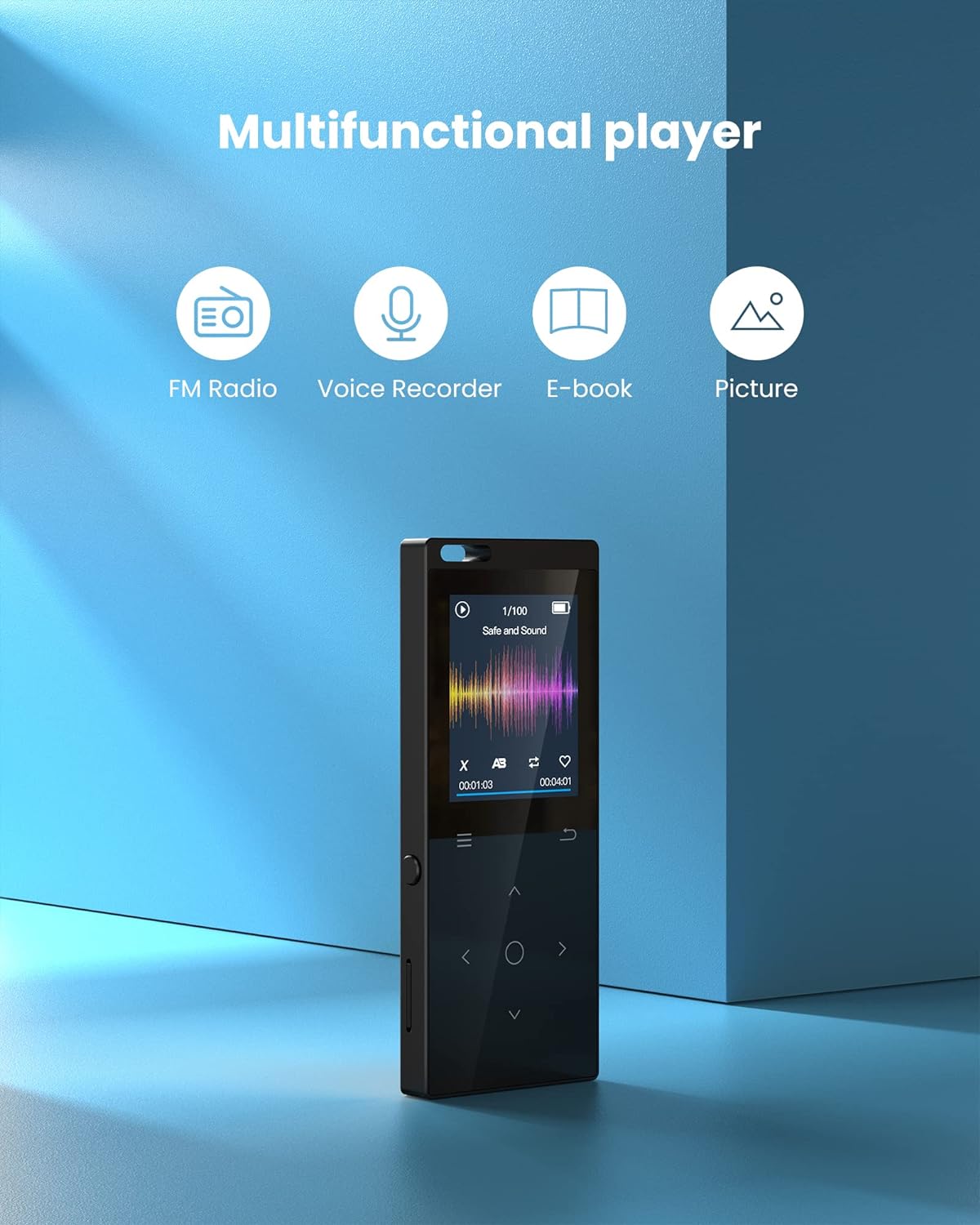 128GB MP3 Player with Bluetooth: Portable Music Player for Kids HiFi Sound Shuffle Single Loop FM Radio Built-in HD Speaker Voice Recorder Mini Design Ideal for Sport (Earphones Included)