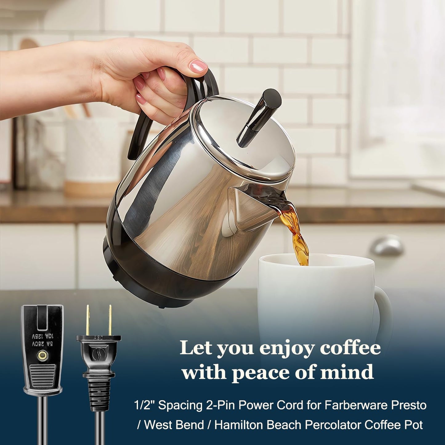 HASMX 6ft Power Cord for Hamilton Beach Percolator Coffee Pot Urn Model 40514 40614 40622 Electric Cord 2 Pin 1/2 Inch Spacing Also Fits Many Rice Cookers and Other Small Appliances