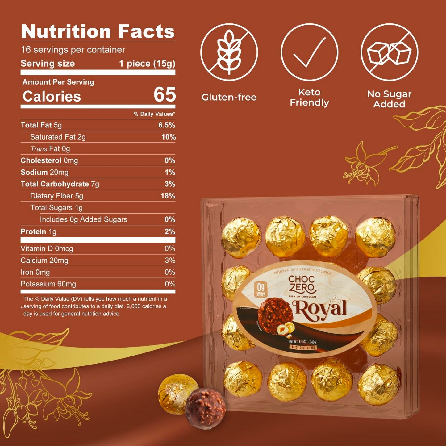 ChocZero Keto Chocolate Truffle Gift - Premium Healthy Chocolates - Low Carb Present - Zero Sugar Individually Wrapped Hazelnut Truffles - 16 Truffles, 8.5 Ounces Total