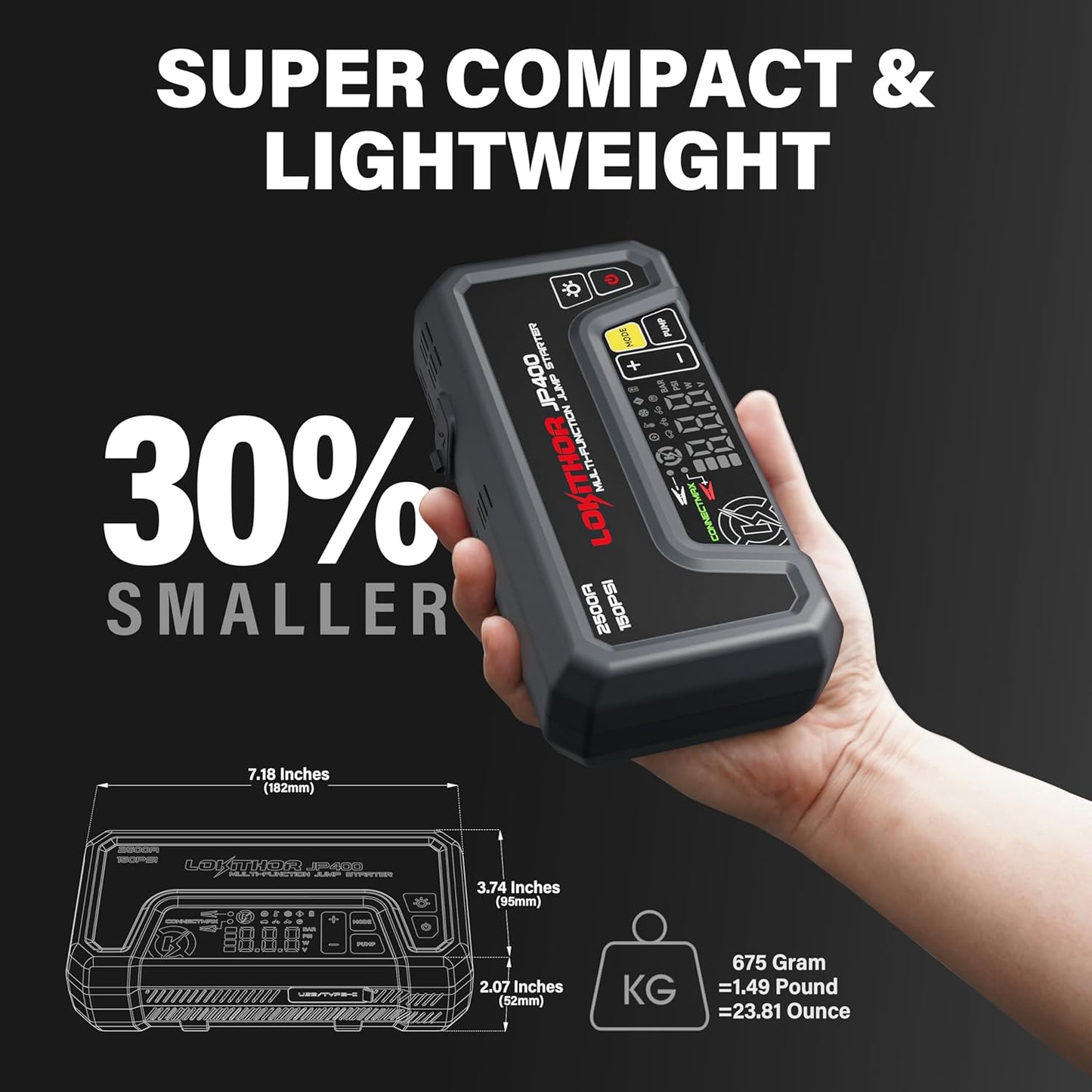 JP400 Jump Starter with Air Compressor, 2500A 12V Portable Car Battery Booster Pack for Up to 8.5L Gas or 6.5L Diesel, 150 PSI Cordless Tire Inflator, Auto Pump with Digital Pressure Gauge