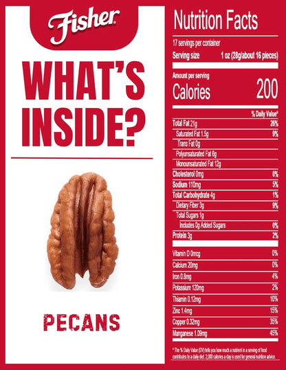 Fisher Oven Roasted Never Fried Mammoth Pecans, 17 Ounces (Pack of 1), Heart Healthy Snacks for Adults, Made with Sea Salt, No Added Oil or Artificial Ingredients , Gluten Free, Vegan Protein, Bulk
