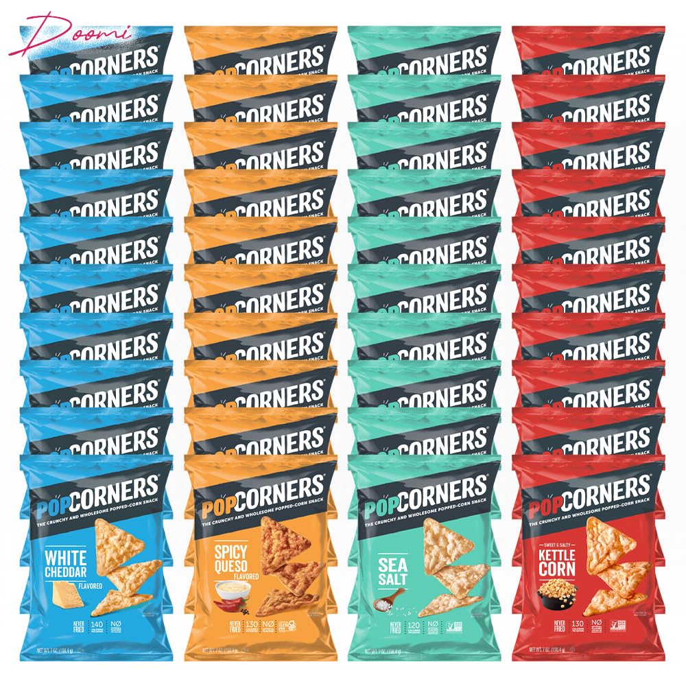 Pop-Corners Snacks Gluten Free Chips, 5 Flavor Variety Pack 28 Count 1 oz Bags Packaged By Doomi, Individual Snack Bags in Sea Salt, White Cheddar, Sweet & Salty, Cinnamon Crunch and Spicy Queso Flavors - Low-Calorie Popcorn Chips for Snacking Care P