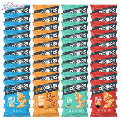 Pop-Corners Snacks Gluten Free Chips, 5 Flavor Variety Pack 28 Count 1 oz Bags Packaged By Doomi, Individual Snack Bags in Sea Salt, White Cheddar, Sweet & Salty, Cinnamon Crunch and Spicy Queso Flavors - Low-Calorie Popcorn Chips for Snacking Care P