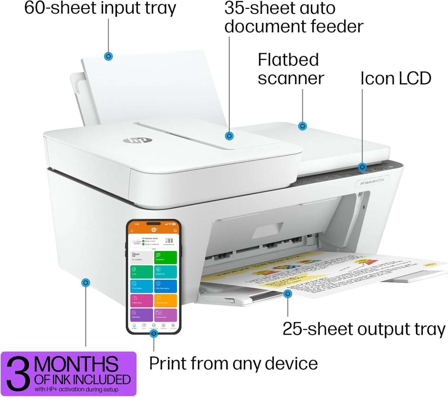 HP DeskJet 4255e Wireless All-in-One Color Inkjet Printer, Scanner, Copier, Best-for-Home, 3 Months of Ink Included (588S6A)