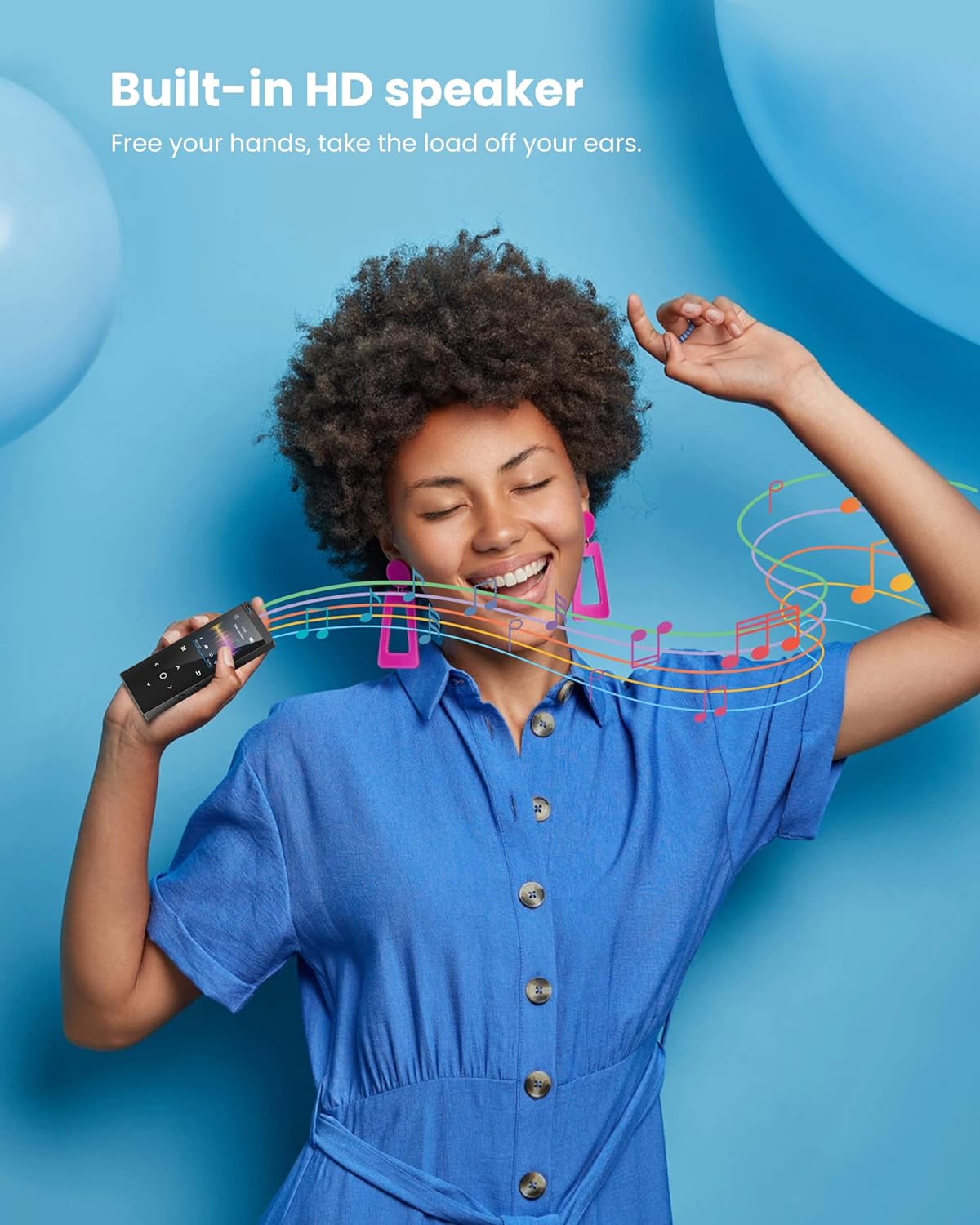 128GB MP3 Player with Bluetooth: Portable Music Player for Kids HiFi Sound Shuffle Single Loop FM Radio Built-in HD Speaker Voice Recorder Mini Design Ideal for Sport (Earphones Included)